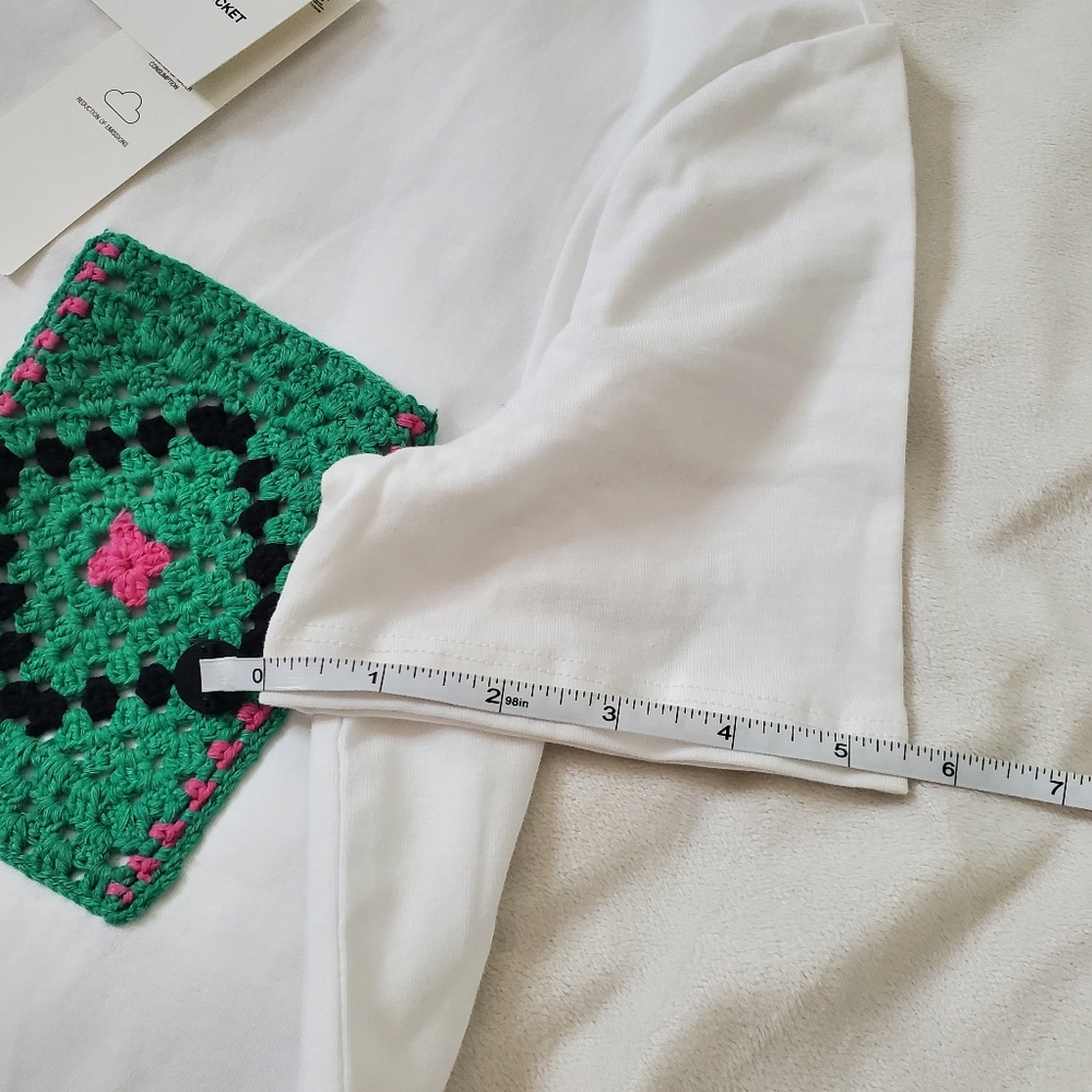 Zara White Cotton T-Shirt, Handmade Knitted Pocket Size S - Picture 8 of 8